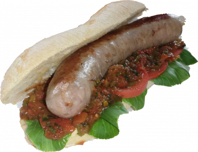 HOT DOG ITALSKÝ - salsicia, rajčatová salsa, římský salát, HRANOLKY